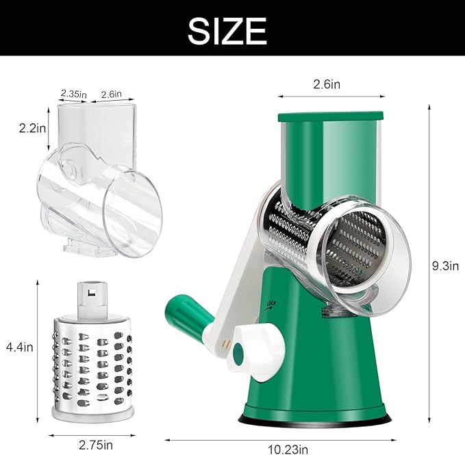 Cambom Rotary Cheese Grater Hand Crank Cheese Shredder for Fresh Cheese, Vegetable, Nuts,Non-slip Suction Base, Three Blades, Dark Green