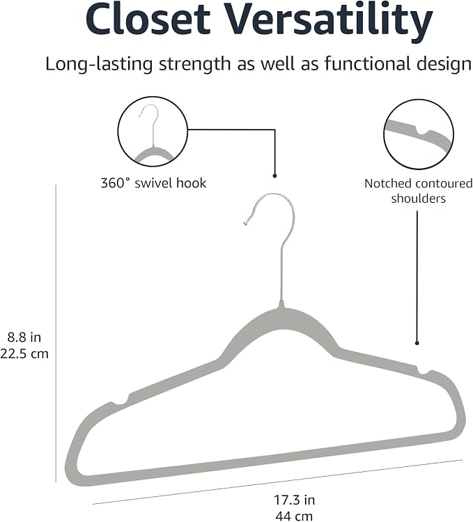 Amazon Basics Slim Velvet Non-Slip Space Saving Suit Clothes Hangers for Closet Organization, Gray/Silver, 100-Pack