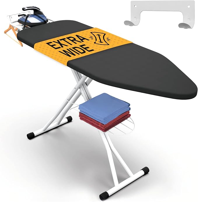 Ironing Board Extra-Wide 57" x 18" Foldable with Wall Hanger | Height adjustable 30" - 36", full-metal frame, scorch & heat-resistant cover, iron rest, anti-slip feet