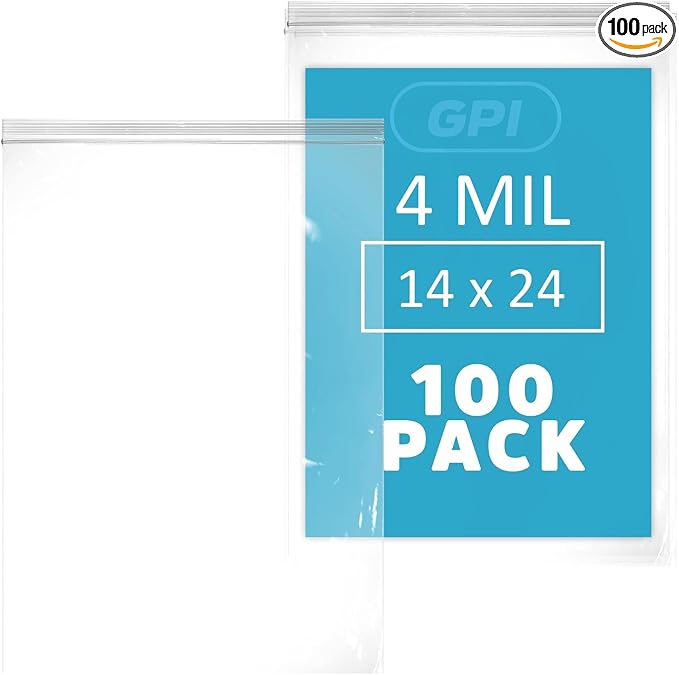 GPI - 14" x 24" Extra Large Reclosable Zip Bags - 4 Mil Heavy-Duty - Pack of 100 - Clear Plastic Zipper Lock Bags, Resealable Poly Baggies For Clothing, Tools, Travel, Storage & Packaging.