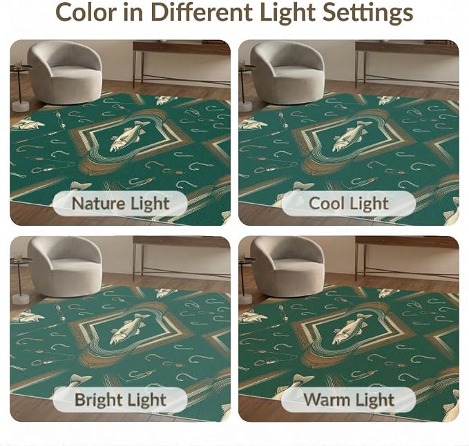 4'x6' Washable Area Rug Vintage Bass Tackle Symmetry Lure Motif Border Angler Fish Fishing Refined for Playroom, Bedroom, Reading Nook, Pet Friendly & Non-Slip