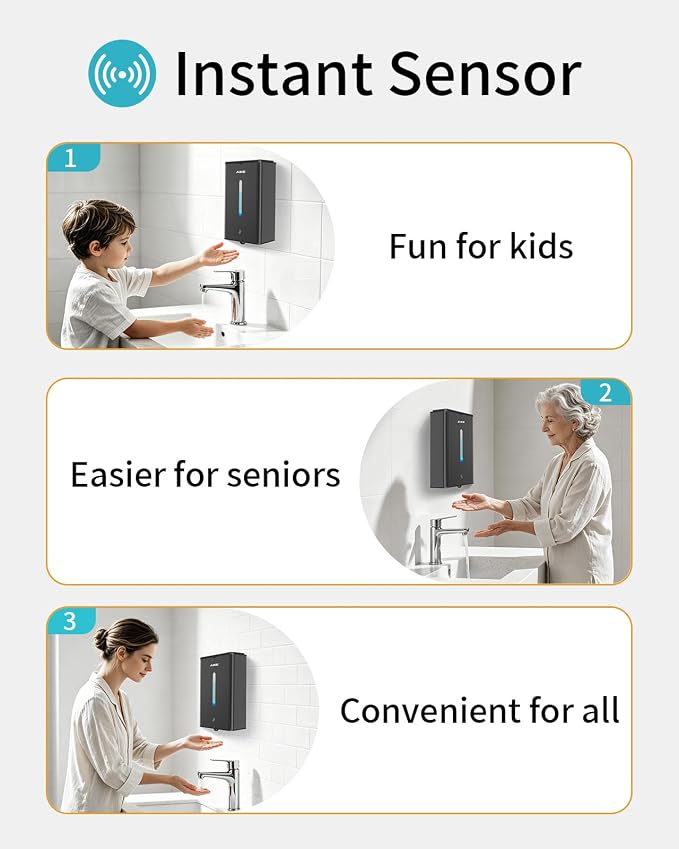 AIKE Heavy Duty Automatic Soap Dispenser,33.8oz for Bathroom,Matteblack | 5-Level and Savety Key for Commercial(4*AA Batteries Not Included),Screw Wall Mount for Space-Saving,Stainless Steel AK1207