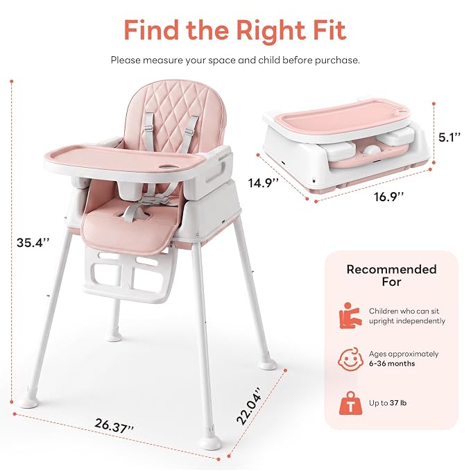 High Chair for Babies and Toddlers, 3-in-1 Convertible Baby High Chair, Built-in Leg Storage, Compact Pack-Away Design, Baby Eating Feeding Chair, Silla De Comer para Bebe, Pink