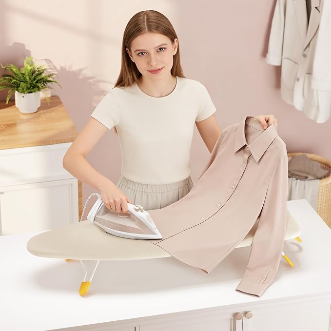 12"×38" Small Ironing Board Tabletop, Table Top Iron Board Small with Mesh Metal Base, Mini Tabletop Ironing Boards Space Saving, Compact Table Top Iron Boards Small with Non-Slip Feet, Milk White