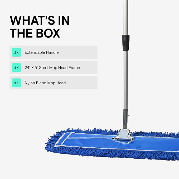 24 Inch Blue Commercial Dust Mop & Floor Sweeper with Extendable Handle – Mop for Hardwood, Tile, and Concrete Floor Cleaning