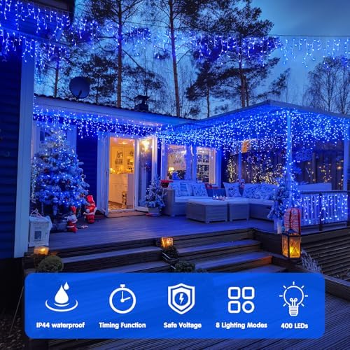 JMEXSUSS Blue Christmas Icicle Lights for Outside, 400 LED 38.8 FT