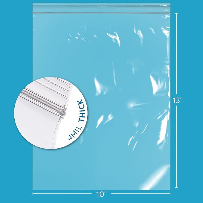 10" x 13" Heavy-Duty Zip Bags - 100 Count - Clear Plastic Reclosable Zipper Baggies, 4 Mil Thick Freezer Storage Poly Bags for Packaging Food, Clothing, Tools & Sharp Objects.