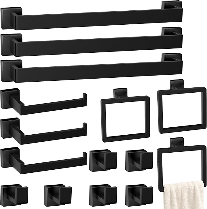 15-Pieces Matte Black Bathroom Accessories Set, Stainless Steel Bathroom Hardware Set, Towel Racks for Bathroom Wall Mounted 24 Inch Bath Towel Bar Set.