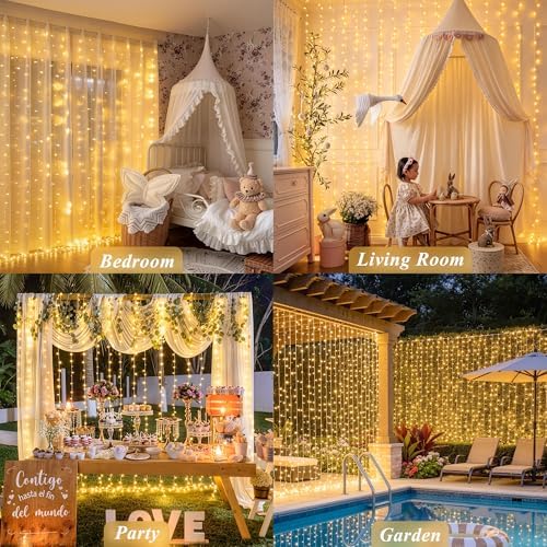JMEXSUSS USB Plug in Curtain Lights 200 LED with 8 Modes, 6.5ftx6.5ft