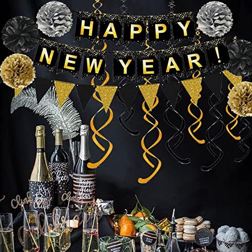 Fecedy Happy New Year Set Black Banner with Gold Black Paper Flag Bunting Swirl Streamers & Pom Poms for Happy New Year Party Decorations