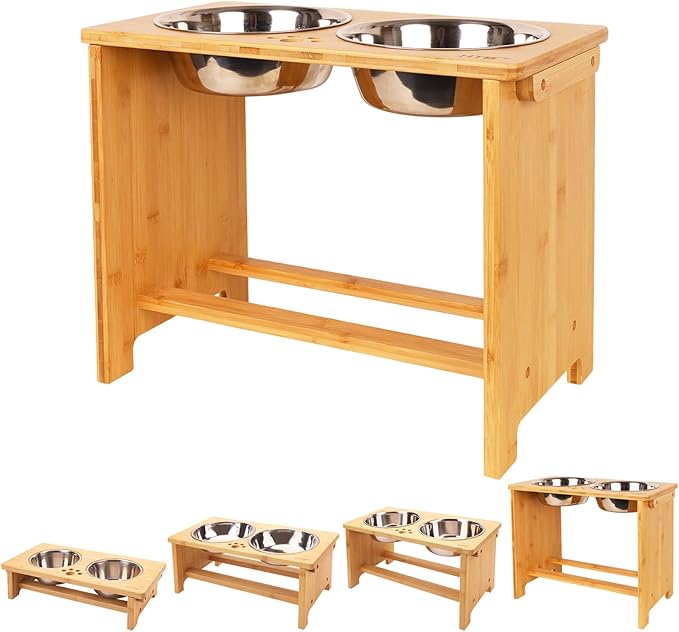 HTB Elevated Dog Bowl Stand with 2 Stainless Steel Bowls-14 H XLarge Bamboo | Raised Dog Bowl Stand, 14"tall, 48 Oz Bowls, for Large Sized Dogs, Pet-safe, Solid Bamboo