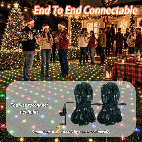 Lovelite 610LED Net Lights, 34.5ft x 5ft Christmas Net Lights Outdoor 8 Modes, Waterproof Connectable String Lights Green Wire Plug in for Bushes Xmas Tree Garden Holiday Party Decor - Multicolor