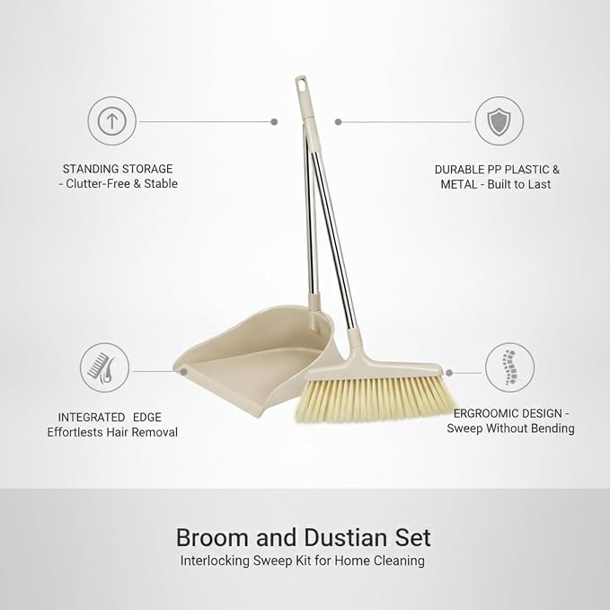 Broom and Dustpan Set with Standing Storage, Interlocking Sweep Kit with Cleaning Edge for Home Cleaning