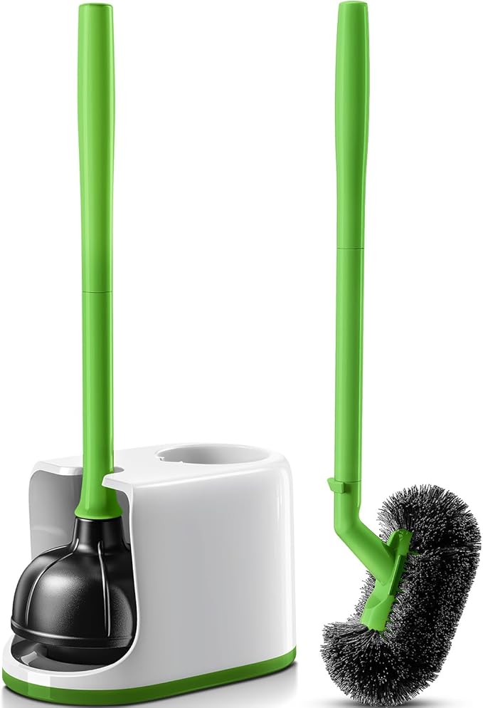 HAMITOR Toilet Plunger Bowl Brush Combo：Heavy Duty Rubber for Drain Clog Remover - Curved Design Bristles for Deep Cleaning Under Rim - Compact Bathroom Cleaning Tools for New Homet Essentials-Green