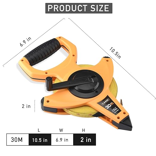 LAND 100FT/30M Heavy Duty Fiberglass Tape Measure - 1/2-Inch Wide, Dual Inch/Metric Scale, Durable Open Reel Measuring Tape for Surveying, Engineering, Runway Construction