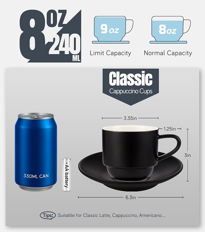 Lareina 8 Ounce Porcelain Cappuccino Cups Set of 4, Stackable Coffee Cups with Saucers, Spoons and Metal Stand -for Specialty Coffee Drinks, Cappuccino, Latte, Americano and Tea, Black