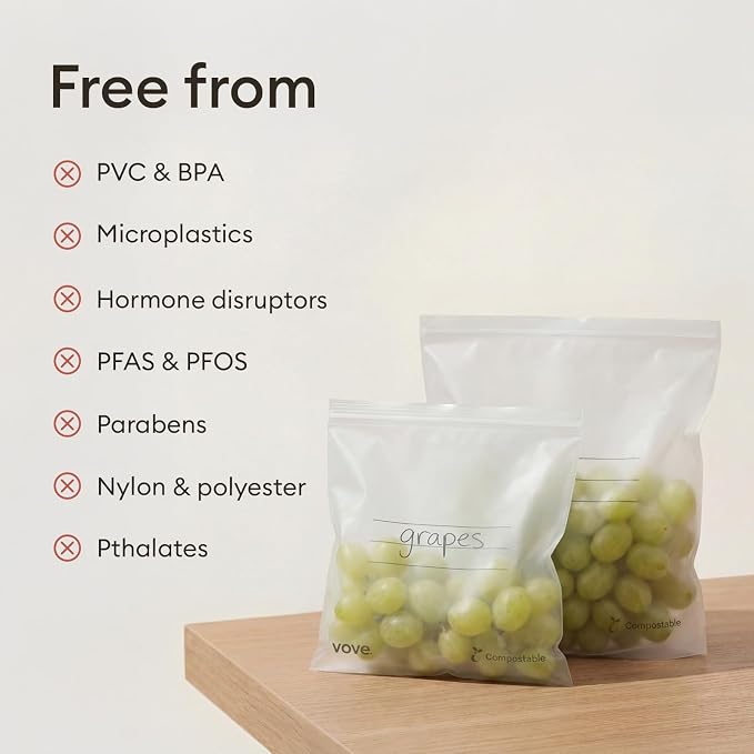 Vove Compostable Sandwich Bags 30 Ct, Plastic-Free Lunch Bags for Kids and Adults, PFAS-Free and BPI Certified, Freezer Safe Airtight Seal for Sandwiches and Meal Prep, Plant-Based