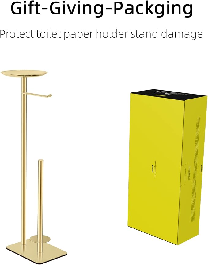 FEILERN Toilet Paper Holder Stand for Bathroom Floor Standing Toilet Roll Dispenser Storages 4 Reserve Rolls, with Top Storage Shelf for Cell Phones, Wipe, Wallet and More(Gold)