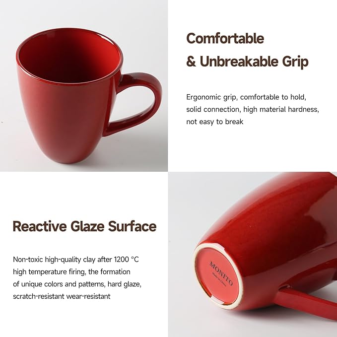MONITO 17oz Ceramic Coffee Mugs Set of 6, Glossy Red Large Mugs with Handle | Drinking Cups for Latte,Tea&Cocoa,Dishwasher&Microwave Safe,Reactive Glaze Cups,Ideal Gift for Office and Home Use