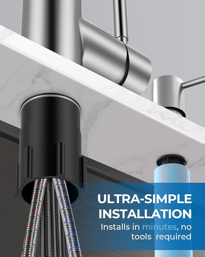 WEWE Kitchen Faucet with Soap Dispenser and Pull Down Sprayer, RV Single Handle Classic 3 Modes Stainless Steel Faucet for Kitchen Sink, RV, Stainless Steel