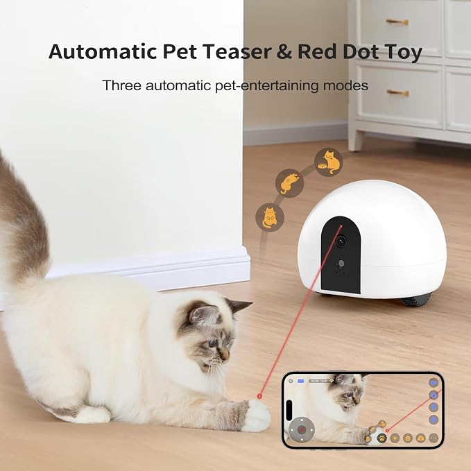 Pet Camera Robot with Treat Dispenser, Moving Cat Camera for Cats & Dogs, Remote Control Pet Monitor with 1080P HD Video, Two-Way Audio, Night Vision, Laser Toy, Auto Recharge & App Control