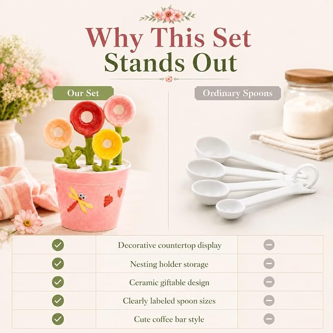 Flower Pot Ceramic Measuring Spoon Set, 5PCS Cute Spoons Cups with Base, Polygons Pink Decorative Teaspoon in Pot Holder, Unique Baking Supplies Gifts, Kitchen Cooking Stuff Gadgets Women(1*Blue)