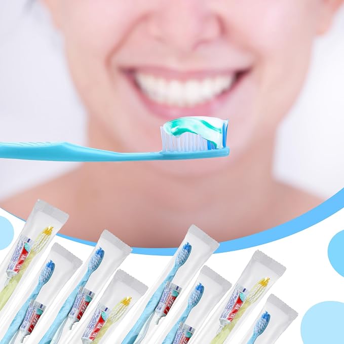 FoldTier 300 Sets Disposable Toothbrushes with Toothpaste and Floss Bulk Individually Wrapped 10g Toothpaste Homeless Hygiene Kit Bulk Homeless Care Package Supply for Travel Shelter (Blue,Pink)