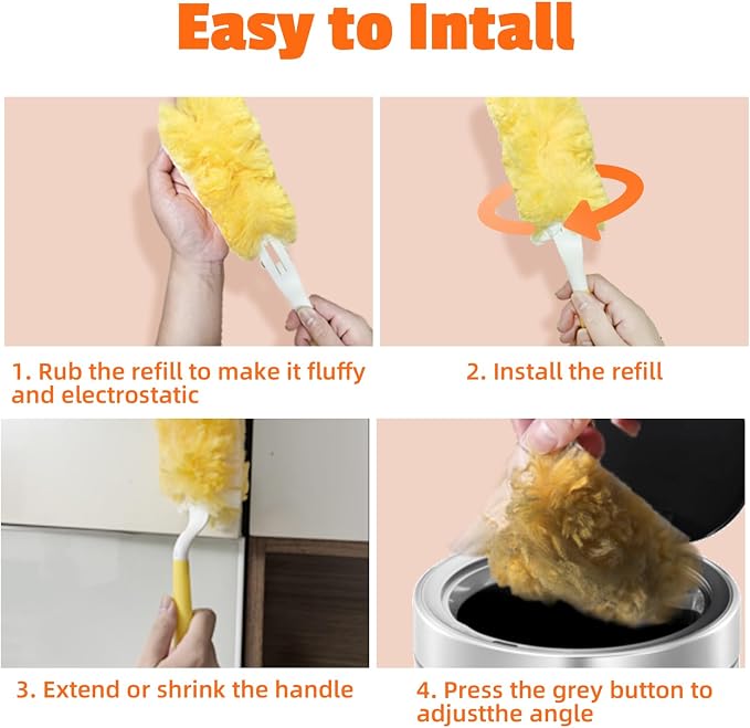 20-Pack Duster Refills Compatible for Swiffer Duster, 360° Heavy Duty Duster Refills with 1 Extended Handle 3FT +1 Short Handle, Multi-Surface Cleaning Kit for Blinds Bookshelf Furniture Ceiling Fans