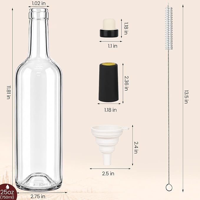 TBWIND 10 Pack 25oz (750ml) Clear Glass Wine Bottles with Airtight T-Top Corks & Shrink Capsules for Wine, Mead, Limoncello & Homebrewing, Includes Funnels & Brush