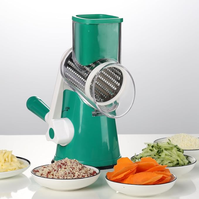 Cambom Rotary Cheese Grater Hand Crank Cheese Shredder for Fresh Cheese, Vegetable, Nuts,Non-slip Suction Base, Three Blades, Dark Green