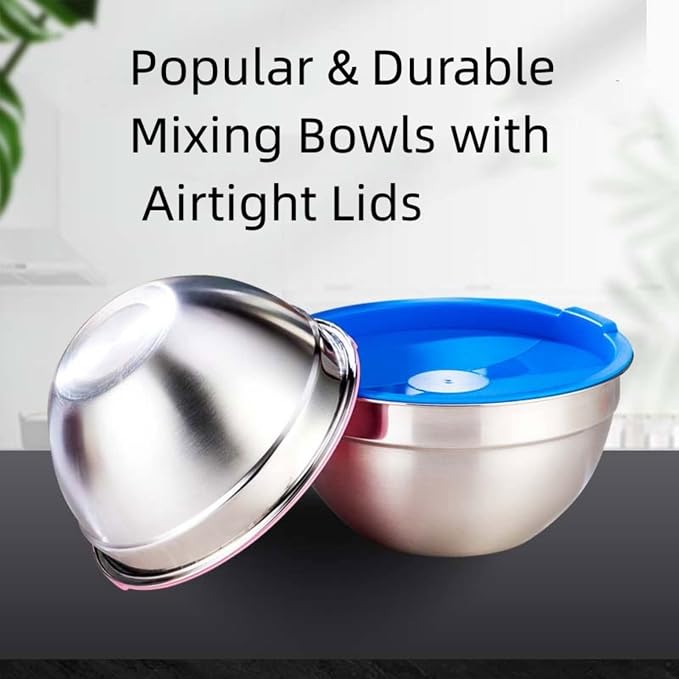MIKULA Mixing Bowls Set, 22PCS Large Stainless Steel Mixing Bowl with Lids Set, Large Nesting Bowls 7/6/4.5/3.5/2.5QT, Measuring Cups and Spoons Baking Storage Metal Bowl for Kitchen Prep Supplies