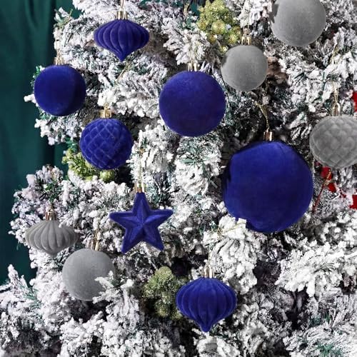 Hollowfly 95 PCS Velvet Christmas Tree Decor Set, Blue, Gray, White