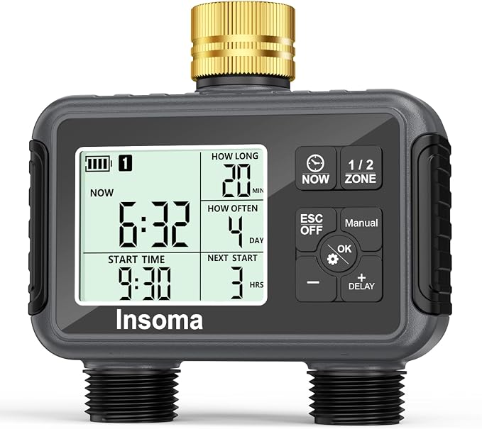 Insoma Water Timer with Brass Inlet, 2 Independent Zones Outdoor Hose Timer for Garden Faucet with Auto/Manual/Rain Delay Mode, Sprinkler Irrigation Controller for Yard Lawn