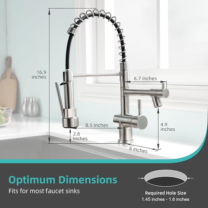 Kicimpro Faucet for Kitchen Sink, Commercial Kitchen Faucet with Pull Down Sprayer Brushed Nickel Spring Single Handle High Arc Stainless Steel Kitchen Bar Sink Faucet 1 Hole Or 3 Hole Compatible