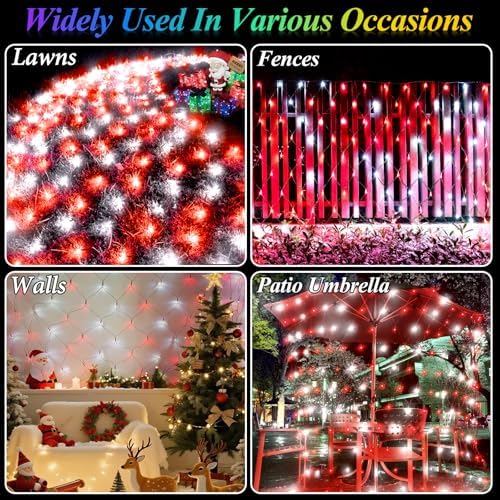 Lovelite Red White Net Lights Christmas Decorations, 21ft x 5ft 360LED Mesh Lights Outdoor Green Wire 8 Modes Timer, Waterproof Connectable String Lights for Bushes Xmas Tree Garden Holiday Party