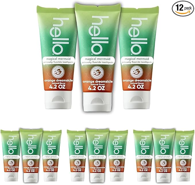 Hello Magical Mermaid Kids Toothpaste with Fluoride, Orange Dreamsicle Flavor Toothpaste for Kids, Safe for Ages 2 and Up, Helps Prevent Cavities, Strengthen Enamel, Polish Teeth, 12 Pack, 4.2 Oz Each