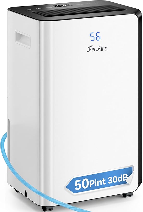 FreAire 54Pint 4500Sq.Ft Dehumidifier for Basement with Drain Hose, 30dB Quiet Compressor Dehumidifiers for Home, Front LED Digital Humidity Display for Bedroom, Bathroom, 1.13 Gallon Water Tank