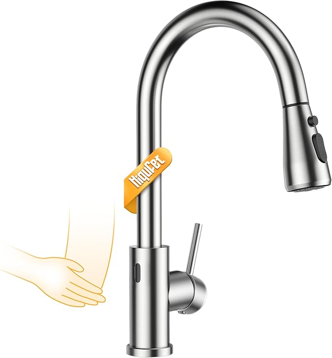 Hiqufet Touchless Kitchen Faucet, Pull Down Sprayer, Brushed Nickel | Hands-Free Smart Motion Sensor, Easy Install, SUS304 Stainless Steel, Lead-Free, High Arc, 3 Spray Modes, 360 Swivel