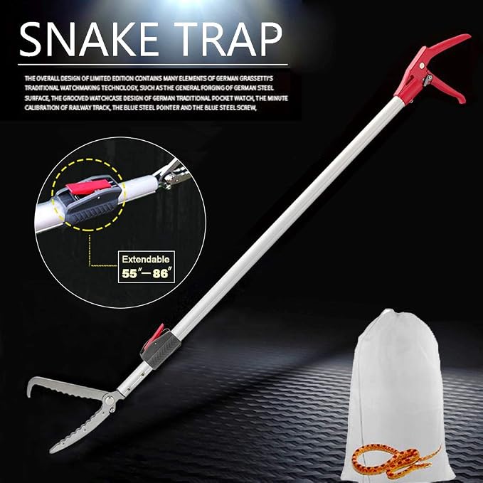 Extendable Snake Tong Reptile Grabber Rattle Snake Catcher Wide Jaw Handling Tool with Lock and Comfortable Grip(Include Snake Bag) (86 inches Extendable Snake Tong)