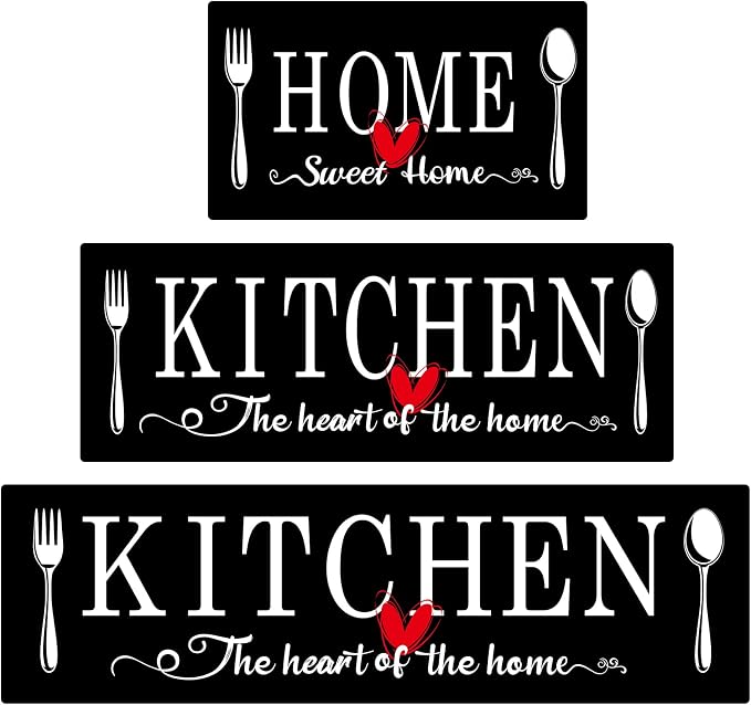 Kitchen Rugs Set 3 Piece, Non Slip Kitchen Mats for Floor, Soft Fabric with Rubber Backing, Farmhouse Anti Fatigue Runners Carpet for Home Kitchen Laundry Room Hallway (Black)