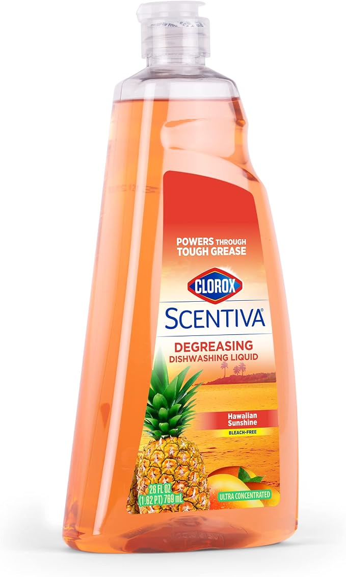 Clorox Scentiva Liquid Dish Soap, Hawaiian Sunshine Scent - Ultra-Concentrated Dishwashing Detergent That Cuts Through Grease and Tackles Tough Messes, Bleach-Free, 26 Fl Oz