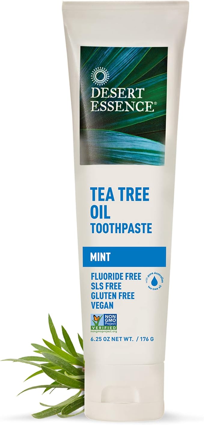 Desert Essence Tea Tree Oil Toothpaste - Mint - 6.25 Oz - Pack of 2 - Refreshing Taste - Deep Cleans Teeth & Gums - Helps Fight Plaque - Sea Salt - Pure Essential Oil - Baking Soda
