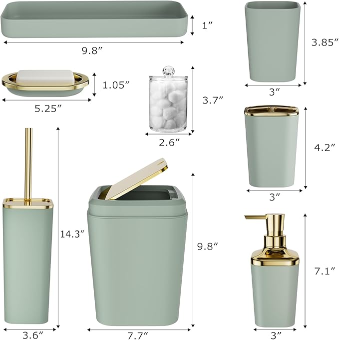 XLHOMO Bathroom Set, Bathroom Accessory Set, Sage Green Bathroom Accessories Set with Press-on Lid Bathroom Trash Can, Soap Dispenser, 9PC Bathroom Accessory Set for Home