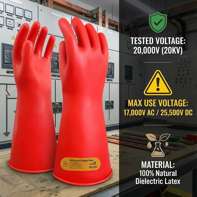 Class 2 High Voltage Electrical Insulated Gloves, 20KV Tested (Max Use 10KV) - Heavy Duty Rubber Electrician Gloves for EV Hybrid Car Repair, Lineman Work & Industrial Maintenance - Red Latex