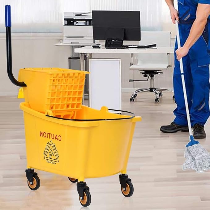 Nightcore Commercial Mop Bucket and Side Press Cleaning Wringer Portable Trolley On Wheels,All-in-one Tandem Floor Cleaning,Wavebrake. Ideal for Household,Commercial (34 Quart)