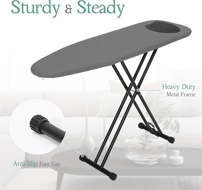 BlissBoard Full Size Ironing Board 54x14 Modern Gray | Heavy Duty Iron Table with Extra Thick Padded Cotton Cover, 7 Heights Adjustable, Heat-Resistant Iron Rest & Hanging Hook