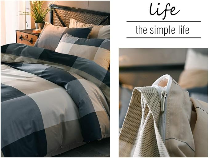 mixinni Queen Size Checkered Duvet Cover Set - 3 Piece Grey Geometric Cotton Bedding Set with Zipper Closure & Corner Ties, 100% Washed Cotton Soft Breathable Duvet Cover for Men, Women, Teens (Queen)