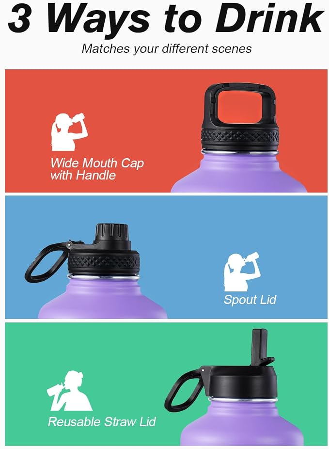 Coolflask Half Gallon Water Bottle Insulated with Straw & 3 Lids, 64 oz Water Jug Large Metal Stainless Steel Wide Mouth for Sports, Gym or Office, Non-BPA Keep Cold 48H Hot 24H, Purple Black