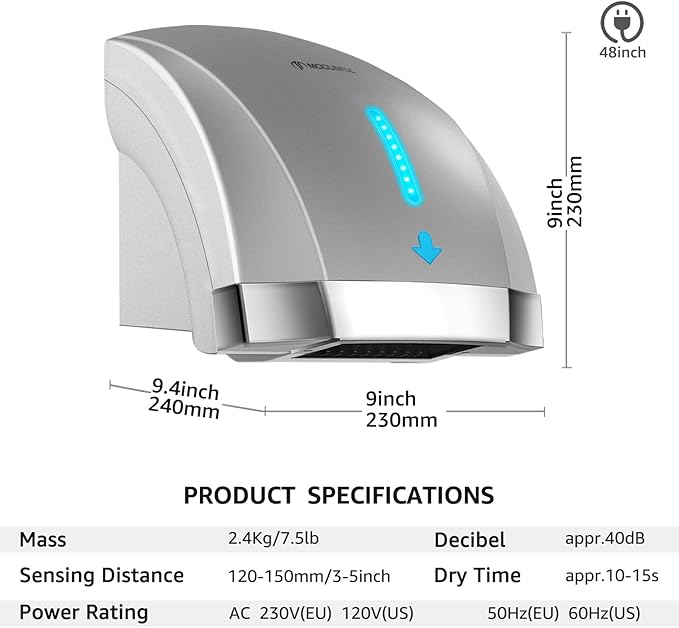modunful 2-Pack Hand Dryers for Bathrooms Commercial - 1600W Wall-Mounted, Automatic Hand Dryer 40dB Ultra Quiet for High-Traffic Bathrooms Hotel/Station/Office, ABS Housing with Warm/Cool Air