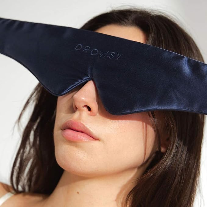 Drowsy Featherweight Silk Sleep Mask – Luxury Blackout Eye Mask for Sleeping & Travel, 100% Mulberry Silk, Lightweight Comfort, Adjustable Strap, Protects Skin & Hair (Midnight Blue)